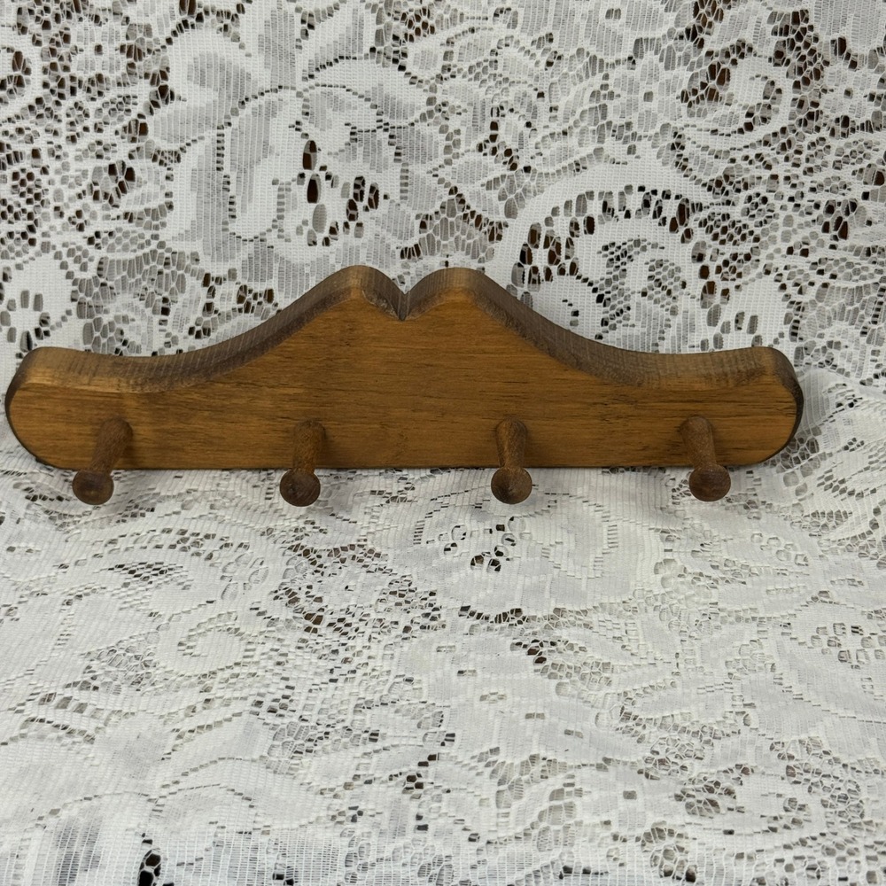 Handmade Scalloped Wood Wall Rack 4 Peg Key Jewelry Holder Brown Farmhouse